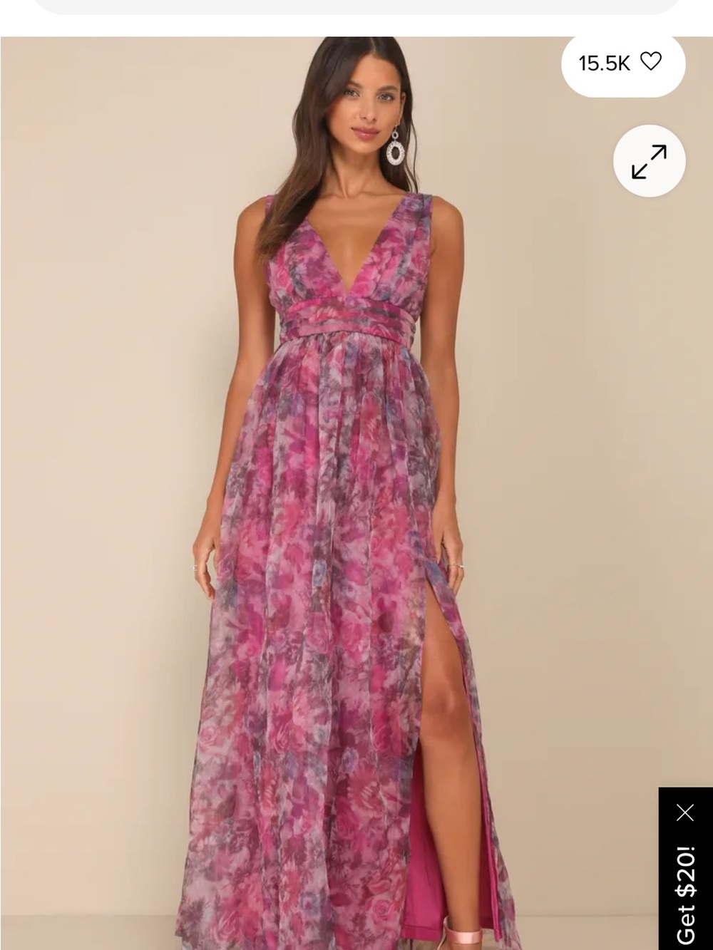 Lulu's Pink Floral V-Neck Maxi Dress with High Slit